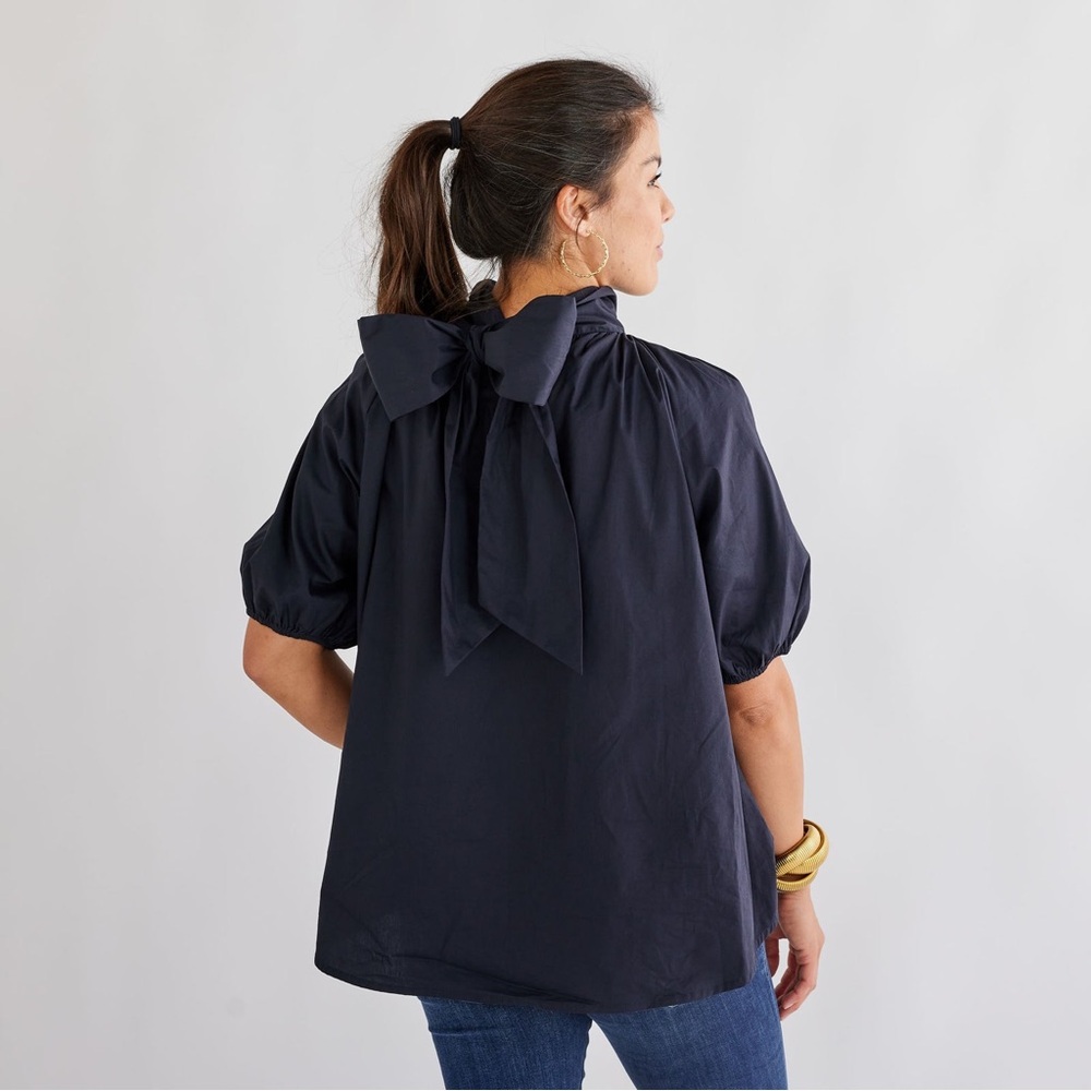 Caryn Lawn Dark Navy Blue Reversible‎ 2-Way Tie Front Puff Sleeve Cotton Blouse